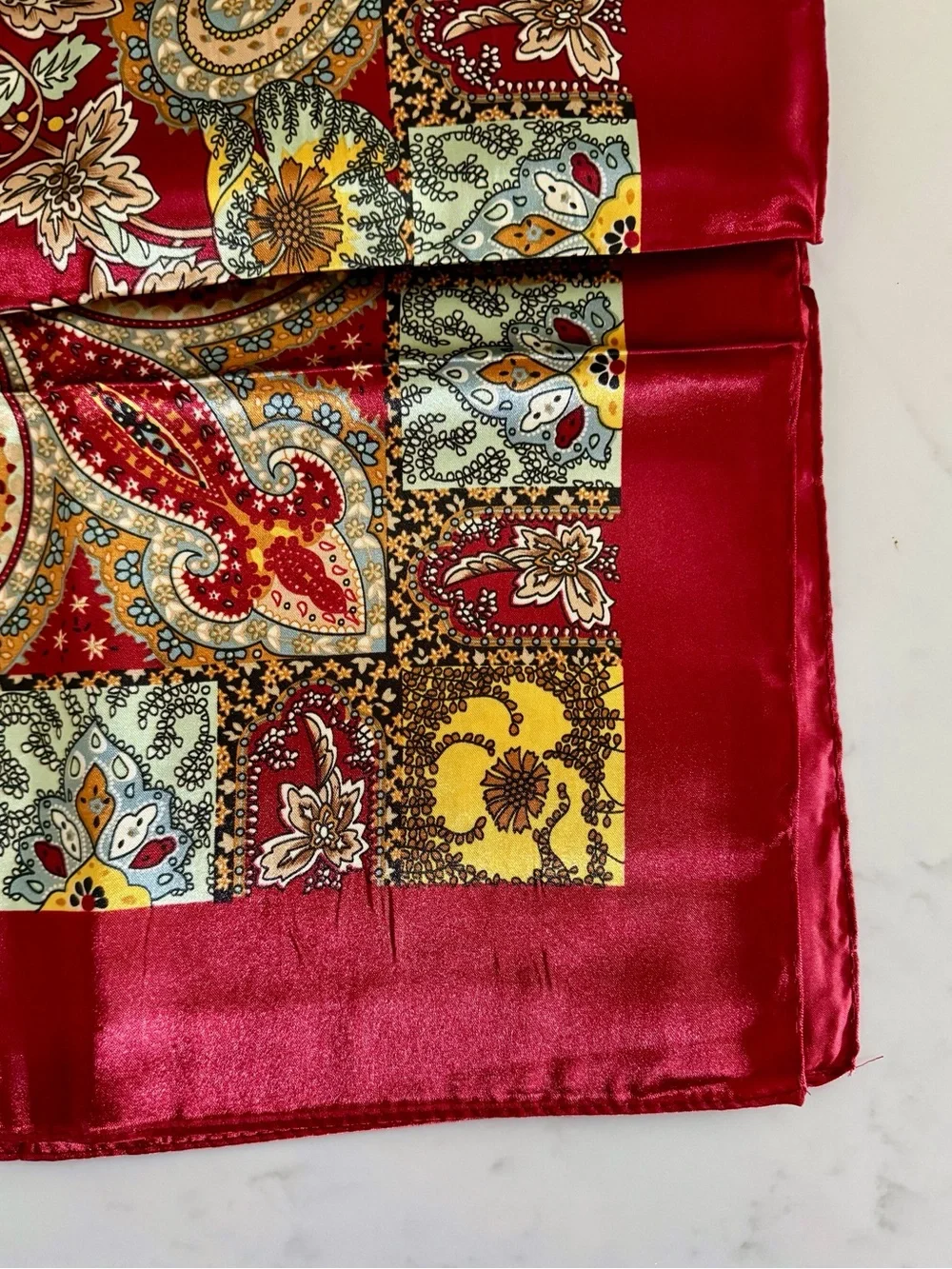Boho Paisley Print Silky Satin Square Neck Scarf, Red Maroon Burgundy & Gold